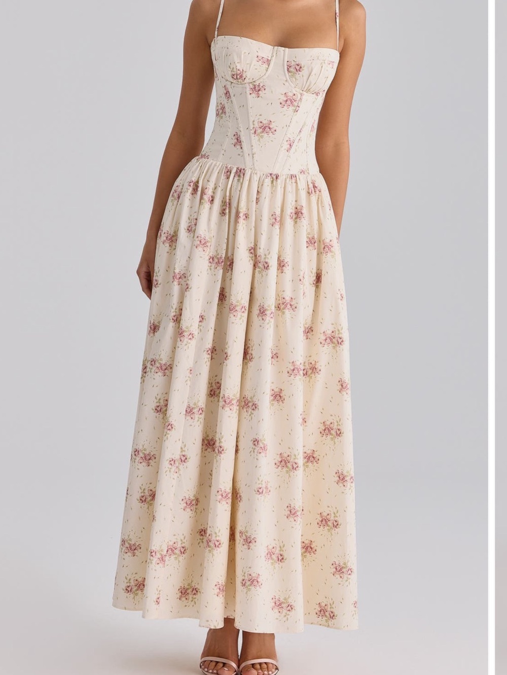 NWT House of CB Cream Maxi Dress with Pink Floral Print - Picture 1 of 4